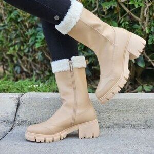 Sherpa Faux Fur Nude Ankle Boots for Women Pull On Side Zipper